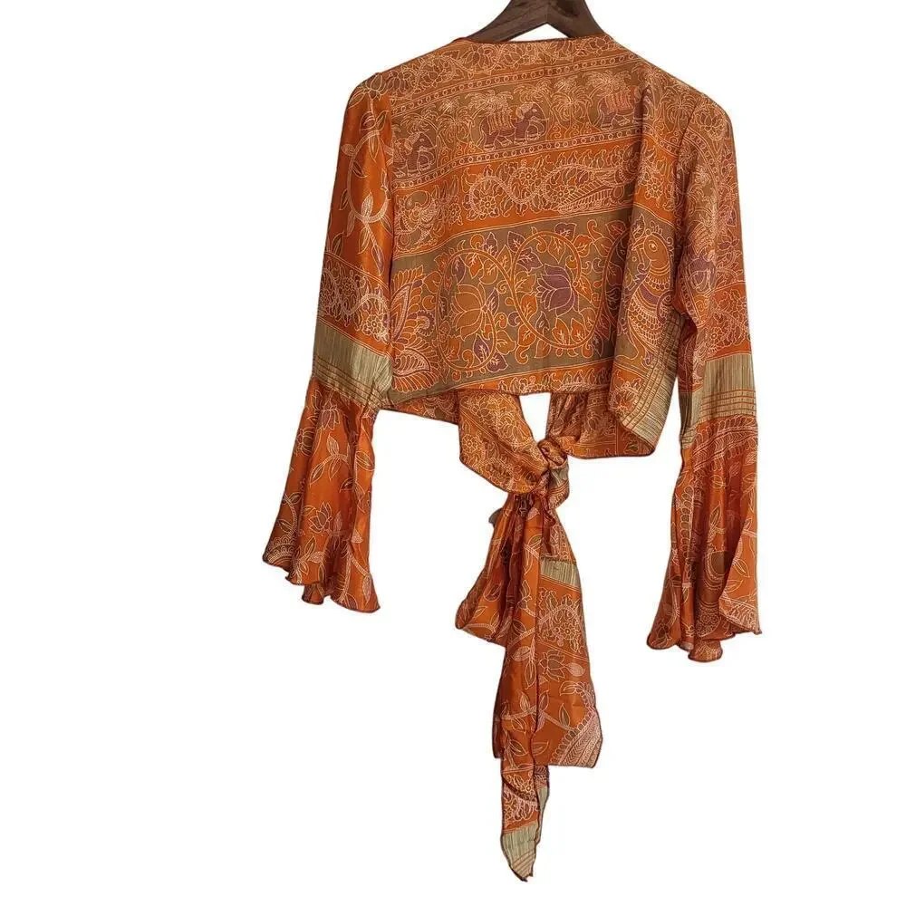 BAIZAAR 100% Silk Wrap Top with Bell Sleeves - Picture 2 of 8